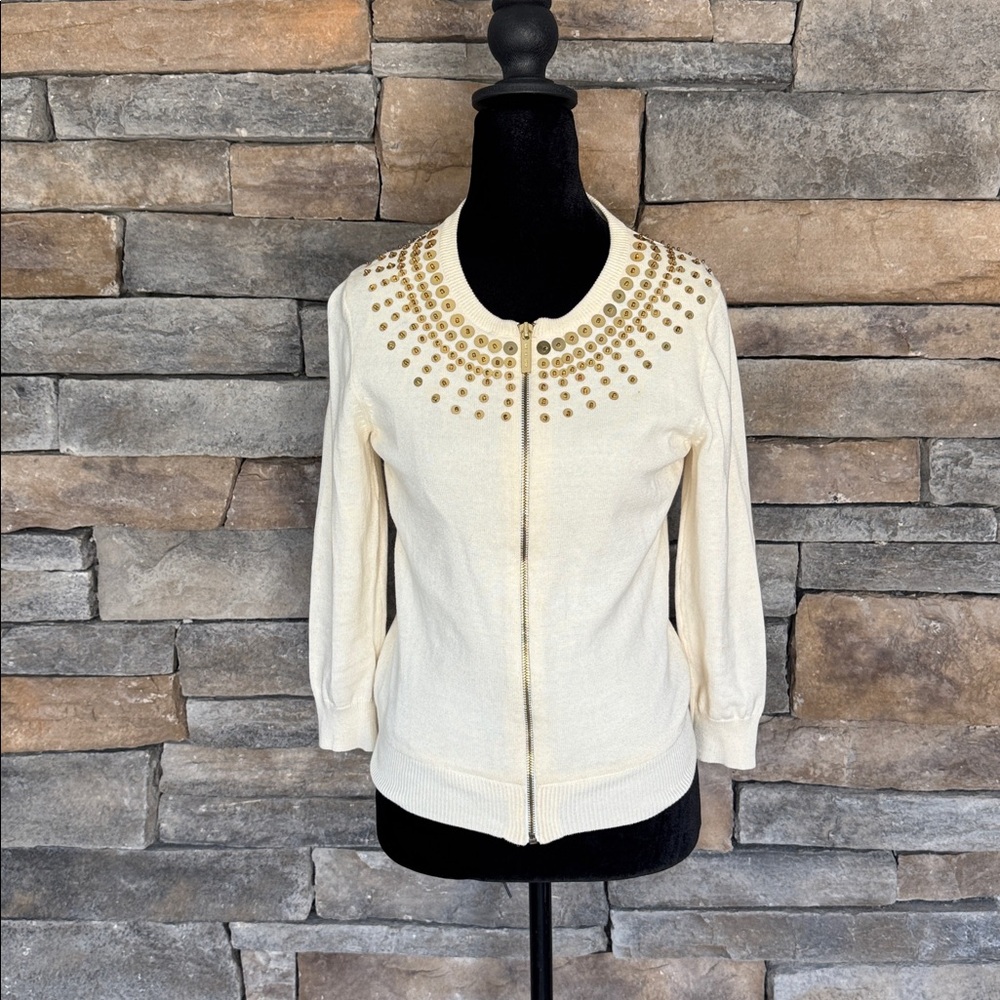 ☘️ Michael Kors Cream Cardigan with Gold Sequins